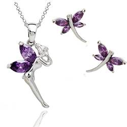 Crystalline Azuria Fee Tinkerbell Lila Violett Zirkonia Kristalle Schmuck-Set Halskette Anhänger 45 cm Ohrstecker Ohrringe 18 kt Weiß Vergoldet von Crystalline Azuria