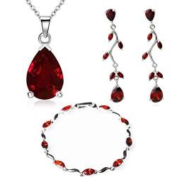 Crystalline Azuria Tropfenform Schmuck-Set mit Rot Zirkonia Kristalle Halskette 45 cm Ohrhänger Ohrringe Armband 18 kt Weiß Vergoldet von Crystalline Azuria