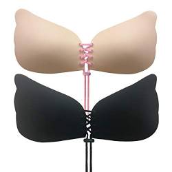 2 Stück Klebe BH,trägerloser Klebe BH,rückenfreier BH,Push-up BH,Invisible Bras,Trägerloser Demi-BH mit Dem Selbstklebendem Kordelzug Bras für,Abendkleider,Brautkleide (A Cup, Schwarz + Beige-1) von CtopoGo