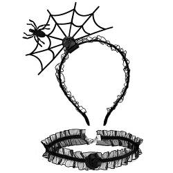 Cubahop Halloween Schwarz Fledermaus Stirnband Spitze Blume Choker Halskette Set Band Haarband Kragen für Frauen und Mädchen (Schwarz-Schwarz) von Cubahop