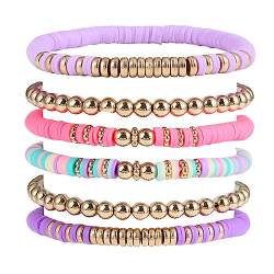 Cubahop Layered Boho Armbänder Bunte Preppy Armbänder Perlen Ästhetische Handgemachte Charm Stretch Armband Netter Sommer Strand Schmuck Einstellbar für Frauen Teen Girls (Lila) von Cubahop