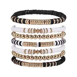 Cubahop Layered Boho Armbänder Bunte Preppy Armbänder Perlen Ästhetische Handgemachte Charm Stretch Armband Netter Sommer Strand Schmuck Einstellbar für Frauen Teen Girls (Schwarz) von Cubahop