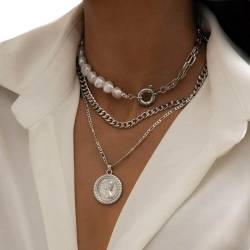 Cubahop Layered Pearl Choker Halsketten Kragen Schönheit Anhänger Halskette Kette Schmuck für Frauen und Mädchen (Silber) von Cubahop
