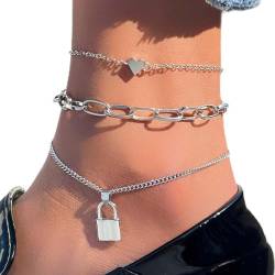 Cubahop Layered Strand Herz Liebe Fußkettchen Silber Lock Knöchel Armbänder Sommer Fuß Zubehör Schmuck für Frauen und Mädchen von Cubahop