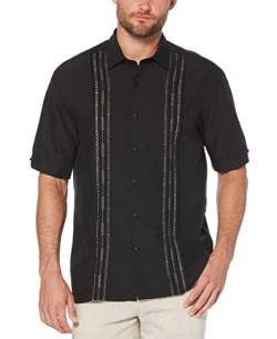 Cubavera Herren Cuban Camp Bestickt Kurzarm Shirt mit spitzem Kragen Button-Down Hemd, Tiefschwarz mit Geo-Nähten, L von Cubavera