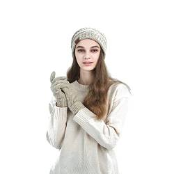 Cuibilyer Damen Winter Einfarbig Warme Strickmütze und Handschuhe Warme Strickwolle Damen Mütze Zubehör Set für Frauen (Beige) von Cuibilyer