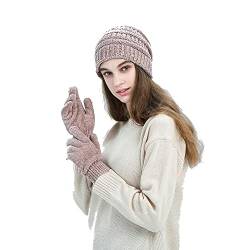 Cuibilyer Damen Winter Einfarbig Warme Strickmütze und Handschuhe Warme Strickwolle Damen Mütze Zubehör Set für Frauen (rosa) von Cuibilyer