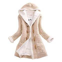 Damen Jacke Warm Winterjacke Mode Übergangsjacke Frauen lässiger Strickknopf Langarm Dicke Cardigan mit Kapuze und Kapuze Norweger Strickjacke Damen Hellblau (Beige, XXL) von Cunhuan