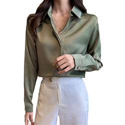 Frühling Sommer Frauen Satin Bluse Langarm Seide Weiß Shirts Femme Solide Mode Pullover Damen Tops Armeegrün L von Cupgriade