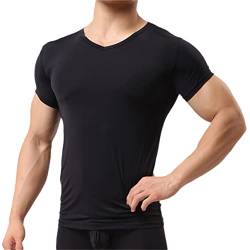 Herren Unterhemd Eisseide Spandex Sheer T Shirts Männlich Nylon V-Ausschnitt Kurze Ärmel Tops Ultradünn Cool Thermo Nachtwäsche Unterhemd von Cupgriade