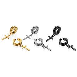 3 Paare Kreuz Ohrclips Creolen Set Unisex Fake Ohrringe Damen Herren Ohne Ohrloch Edelstahl für Jungen Mädchen, Schwarz Gold Silber von Cupimatch