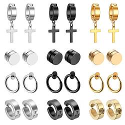 Cupimatch 12 Paare Non-Piercing Creolen Ohrringe Magnet Ohrstecker Herren Damen Edelstahl Kreuz Baumeln Fake Plug Ohrschmuck schwarz gold silber von Cupimatch