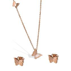 Cupimatch 2PCS Schmetterling Ohrringe Halskette Schmuckset Damen Butterfly Ohrstecker Mädchen Schlüsselbein Kette Edelstahl Piercing Ohr Schmuck Rosegold von Cupimatch