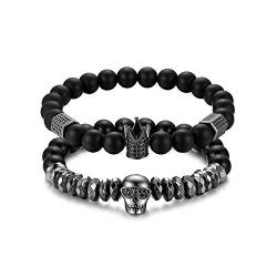 Cupimatch 2Pcs Paare Armbänder Set für Sie und Ihn Totenkopf Pärchen Armband Schwarz Achat Stein mit Zirkonia Freundschaftsarmband Armreif Damen Herren, Schwarz von Cupimatch