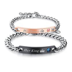 Cupimatch 2pcs Pärchen King Queen Armbänder, Edelstahl Lieben Armreif Panzerarmband mit Gravur His Queen Her King für verliebte Damen Herren, rosegold silber schwarz von Cupimatch