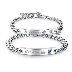 Cupimatch 2pcs Pärchen King Queen Armbänder in Farben Silber, Edelstahl Lieben Armreif Panzerarmband mit Gravur His Queen Her King für verliebte Damen Herren von Cupimatch