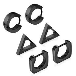 Cupimatch 3 Paare Edelstahl Männer Creolen Ohrstecker Set für Herren Damen Hoop Ohrringe Ohr Huggie Piercing, schwarz von Cupimatch