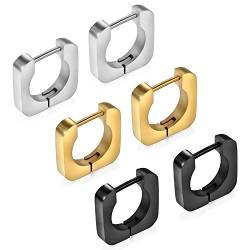 Cupimatch 3 Paare Edelstahl Männer Creolen Rechteck Ohrstecker Set für Herren Damen Hoop Ohrringe Ohr Huggie Piercing, schwarz gold silber von Cupimatch