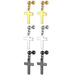 Cupimatch 3 Paare Kreuz Ohrringe Set Damen Edelstahl Piercing Ohr Ohrstecker für Herren Mädchen Ohr Schmuck, Gold Silber Schwarz (Typ8) von Cupimatch