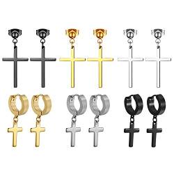 Cupimatch 6 Paare Kreuz Ohrringe Herren Damen Creolen Ohrstecker mit Anhänger Piercing Ohr Schmuck, Silber Gold Schwarz von Cupimatch