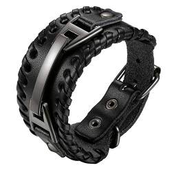 Cupimatch Breites Wickelarmband Herren Leder Armband Geflochten Fleschtarmband Armreif Seil Jungen Länge Verstellbar 15-20cm, Schwarz von Cupimatch