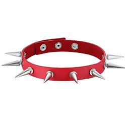 Cupimatch Choker Halskette Gothic Punk Spike Spitze Nieten Ahle Taper verstellbare Leder Halsband Kragen Kette für Damen Herren, Rot von Cupimatch