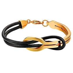 Cupimatch Damen Herren Lederarmband, Retro Infinity Unendlichkeit Lieben Zeichen Edelstahl Leder Armband Armreifen, 23cm Verstellbaren Größen, schwarz Gold von Cupimatch