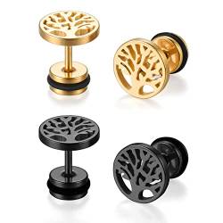 Cupimatch Damen Herren Ohrringe Edelstahl Holz Lebensbaum Creolen Ohrstecker Set für Frauen Männer,Schwarz Gold von Cupimatch