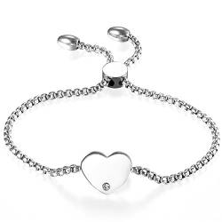 Cupimatch Damen elegant Edelstahl Charm Armband Armreifen silber, Verstellbares Herz Strass Anhänger Armkettchen von Cupimatch