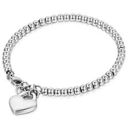 Cupimatch Edelstahl Armkette Damenarmband Charmsarmband Herz- Anhänger Damen Armband, Handgelenk Kugel Perlenkette Silber von Cupimatch