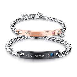 Cupimatch Edelstahl Paare Armband mit Gravur His Beauty Her beast für Verliebte Damen Herren, Pärchen Armketten, Liebe Ehepaar Armreif, Rosegold Silber Schwarz von Cupimatch