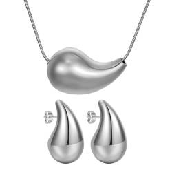 Cupimatch Halsketten Ohrringen Set Tropfen: 18K Gold Edelstahl Kette Silber Ohrstecker mit Dickem Kreis Modeschmuck Geschenk für Mädchen Frauen von Cupimatch