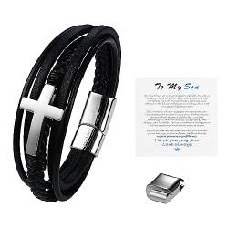 Cupimatch Herren Armband Kreuz Lederarmbänder - Silber Mehrschichtiges Geflochtenes Leder Edelstahl Armband Gotik Punk Rock Manschette Armreif mit Karte Geschenkbox Geschenke für Sohn von Cupimatch