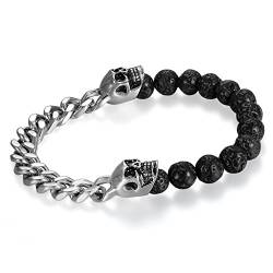 Cupimatch Herren Damen Lava Edelsatahl Schädel Armband, Totenkopf Buddha Kugel Biker Panzerkette Rock Armreif, silber schwarz von Cupimatch