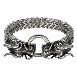 Cupimatch Herren Edelstahl Armband, doppelt Drachen Kopf Breite Schwere Edelstahl Fahrradkette Biker Motorradkette Hochglanz Poliert Rock Link Königskette Panzerkette Armreif, silber schwarz von Cupimatch