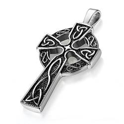 Cupimatch Herren Kreuz Anhänger, Klassisch Edelstahl Große keltisches Kruzifix Irish Knot Kettenanhänger Halskette, schwarz silber von Cupimatch