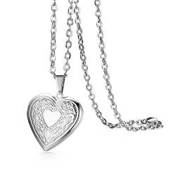 Cupimatch Herz Medaillon zum Öffnen für Bilder Foto Anhänger mit Gravur LOVE YOU Kette Damen Amulett Halskette mit 45cm Kette, Silber von Cupimatch