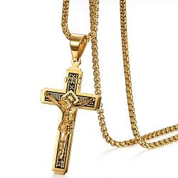 Cupimatch Kreuz Halskette Herren Jesus Kruzifix Kette mit Anhänger Edelstahl Hals Schmuck für Männer Jungen 56cm, Gold von Cupimatch