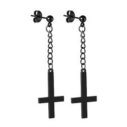 Cupimatch Kreuz Ohrstecker Schwarz Ohrringe - Kette mit Inverted Cross Ohrhänger Edelstahl Ohrringe Gothic Herren Damen Upside Down Kreuz Ohrringen von Cupimatch