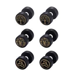 Cupimatch Ohrstecker Herren Ohrringe 3 Paar Holz Earrings Klassische Vintage Hölzerne Unisex Runde Titan-Ohrringe Set Lebensbaum Hantel Ohrringe für Männer Frauen von Cupimatch