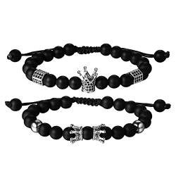 Cupimatch Paare Armbänder Set für Sie und Ihn Totenkopf Krone Perlen Pärchen Armband Schwarz Achat Stein mit Zirkonia Freundschaftsarmband Armreif für Damen Herren von Cupimatch