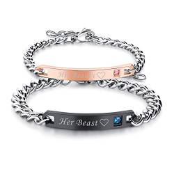 Cupimatch Paare Armband mit Gravur”His Beauty. Her Beast.” für Verliebte Edelstahl Schmuck Damen Silber Farbe von Cupimatch