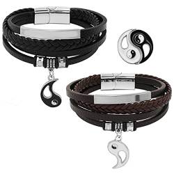 Cupimatch Pärchen Leder Armbänder Yin Yang Unendlichkeitssymbol Kordelkette Damen Herren Lieben Lederarmband Armreif Daoismus Tai Chi Anhänger für verliebte Partner Braun Schwarz von Cupimatch