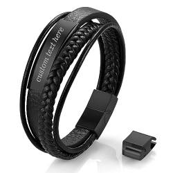 Cupimatch Personalisiertes Armband mit Gravur für Männer Vintage Herren Armband Mehrschichtige Geflochtene Lederschnur Edelstahl Herrenarmband Gravierbar Länge 21 cm von Cupimatch