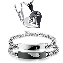 Cupimatch Schmuck Set Pärchen Puzzle Anhänger Halskette Edelstahl Armbänder Panzerarmband Zirkonia Panzerkette Partnerarmband Freundschaftsarmband Damen Herren Armreif, Silber Schwarz von Cupimatch