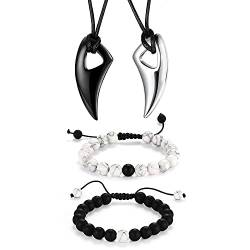 Cupimatch Schmuckset Paar Wolf Zahn Anhänger Halskette Paar Armband Set Lederkette Stein Perlenarmband Geschenk für Herren Damen von Cupimatch