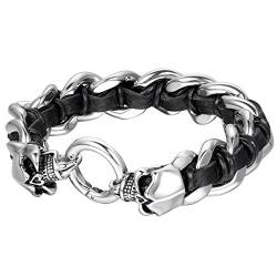 Cupimatch Totenkopf Leder Armband Herren Edelstahl Punk Rock geflochten Manschette Kordelkette Armband mit Totenkopf Schädel Ring Panzerkette, silber schwarz von Cupimatch