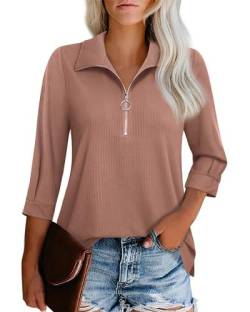 Cuptacc Bluse Damen 3/4 Länge Ärmel Elegant V-Ausschnitt Oberteil Langarm Shirt Mit Half Zip Kragen Sommer Herbst Dunkelrosa 2XL 50-52 von Cuptacc