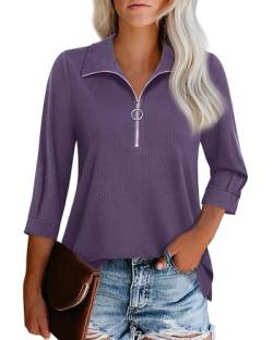 Cuptacc Bluse Damen 3/4 Länge Ärmel Elegant V-Ausschnitt Oberteil Langarm Shirt Mit Half Zip Kragen Sommer Herbst Elegantes Lila Mittel M 38-40 von Cuptacc