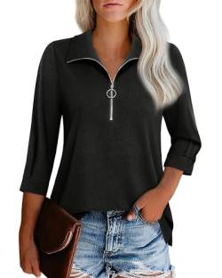 Cuptacc Bluse Damen 3/4 Länge Ärmel Elegant V-Ausschnitt Oberteil Langarm Shirt Mit Half Zip Kragen Sommer Herbst Schwarz Klein S 34-36 von Cuptacc